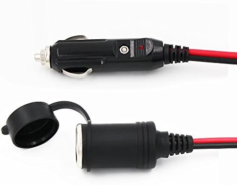 KUNCAN 12FT Car Cigarette Lighter Socket Extension Cable with Male Plug, 16AWG Heavy Duty DC Power Charger Cord with LED Lights, 15A Fused