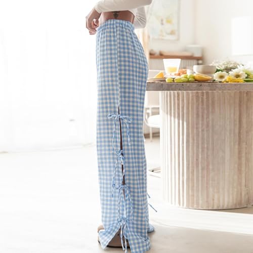 Women Y2k Striped Long Pants Bow Tie Side Slit Wide Leg Lounge Pants Gingham Bottom Plaid Checkered Sweatpants3