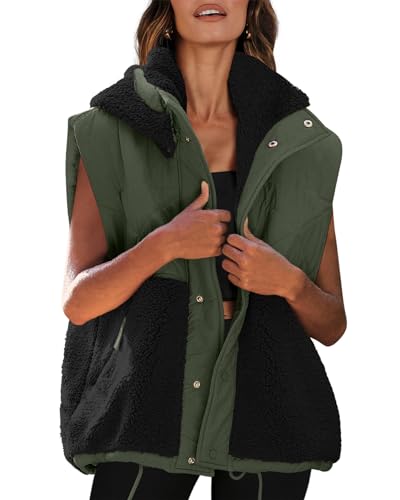 Nirovien Womens Oversized Quilted Vest Color Block Fleece Vest Button Down Padded Outwear Removeable Hooded with Pockets