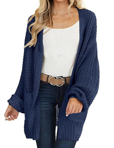 MEROKEETY Women's Open Front Chunky Knit Sweater Oversized Lantern Sleeve Cardigan Outwear Navy