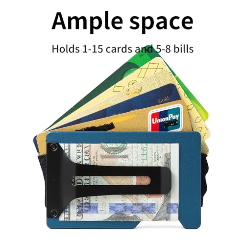 Image of Minimalist Wallet for Men, Slim Metal RFID Blocking Wallet Credit Card Holder Money Clip & Cash Strap, Scratch-Resistant Holds 15 Cards,Ideal Gift for Men | Matte Blue