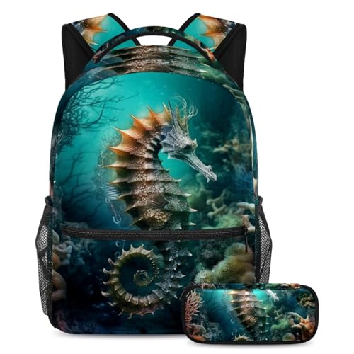 Cartable hippocampe et corail avec sac à dos et trousse enfant grand format