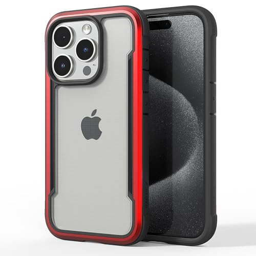 RAPTIC Shield for iPhone 15 Pro, Shockproof Protective Clear Case, Military Grade 10ft Drop Tested, Durable Aluminum Frame, Anti-Yellowing Technology, 6.1 inch, Red