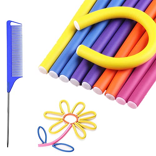 N.O. Platine Flexi Rods for Natural Hair, 30 Pcs Multicolor Flexible Curling with 1 Steel Pintail Comb, Soft and Twist Foam Heatless Hair Roller Short, Medium Long Yellow, Purple, Orange, Pink, Blue