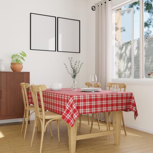 Image of Encasa XO Cotton Rectangular Table Cloth for 6 to 8 Seater | (145x240 cm) | Franca Red Checks | Dining Tablecloth for Decoration