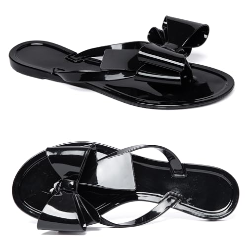 Image of Mtzyoa Women Flip-Flops Flat Sandals Jelly Bow Beach Flat Rivets Rain Cute Dressy Summer Sandals