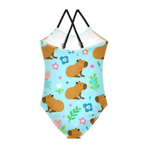 CHIFIGNO Cute Capybaras Flowers Girl One Piece Swimsuit, Spaghetti Straps, Cross Back Design, Ages 3T2