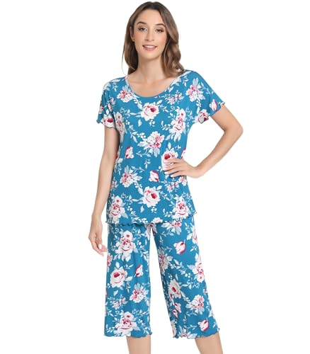 Image of NACHILA Women's Bamboo Viscose Pajama Sets Summer Cooling Short Sleeve Capri Soft Pjs Night Sweats Moisture Wicking Sleepwear