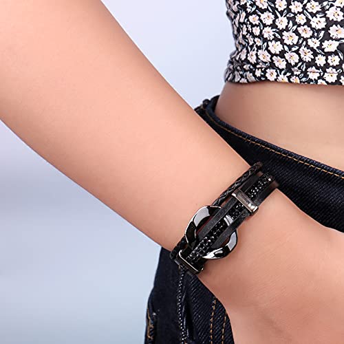 Fancy Shiny Leather Cuff Bracelet Circle Rhinestone Wrap Bracelet Stackable Multi Layer Wristband With Clasp Boho Jewelry Gift For Women(Black) #TOP2