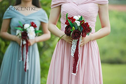 Bencentre 7" Burgundy Artificial Flowers Wedding Bouquet For Bridesmaid Bouquet, Set Of 4 - Tossing Rustic Bouquet, Marriage Proposal Party And Vintage Wedding Ceremony Anniversary (Burgundy) #TOP4