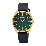 Seiko Women's Green Mother of Pearl Dial Black Leather Band Quartz Watch