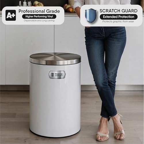 Image of Recycle and Trash Stickers for Trash Cans - Metallic Vinyl Recycling Bin Labels - 2 Pack - 4.75 inch by 2.25 inch Decals Logo - Waste Signs for Home Kitchen or Office Bins Indoor /Outdoor Use