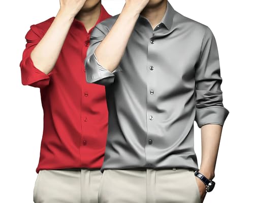 Image of DEELMO Combo of Men's Stylish Solid Satin Casual Shirt for Men Full Sleeves| Poly Satin Silk Shirt Pack of 2