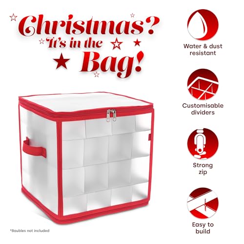 Christmas Village Bauble and Decoration Storage Cube with Padded Dividers for 64 Xmas Ornaments – Heavy Duty Folding 4 Layer Holder with Separators, Zipped Lid and Handles (Red)