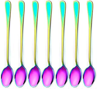 Long Handle Spoons 7 Pcs Coffee Teaspoons Rainbow Pointed Head Stainless Steel Latte Spoon Ice Cream Desert Spoon Cocktail Stir Spoon for Dessert Espresso Cappuccino Chocolate Drinks Cocktail Stirring