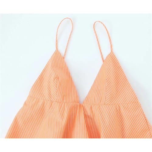 Women Summer Orange Striped Backless Zipper Mini Dress Thin Straps Dresses4