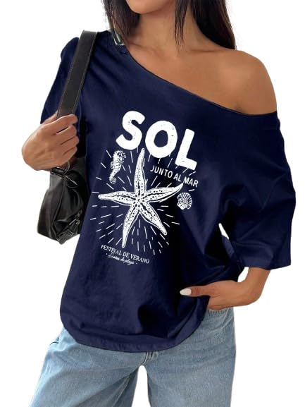 Image of SXV STYLE SOL Women Summer Loose Asymmetrical Neck Cocktail Fruit Orange Y2K Graphic Oversized T-Shirt