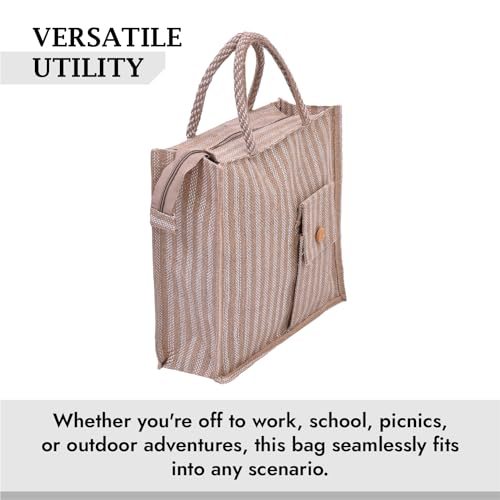 Image of Kuber Industries Grocery Bag | Jute Carry Bag | Lunch Bags for Office | Zipper Grocery Bag with Handle | Vegetable Bag | Lining Front Pocket Shopping Bag | Medium | Brown