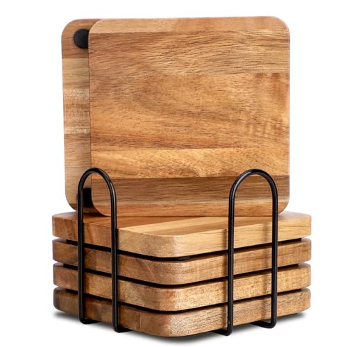 WLWNWFT Acacia Wood Coasters Square for Drinks Tabletop Protection with Holder Set of 6