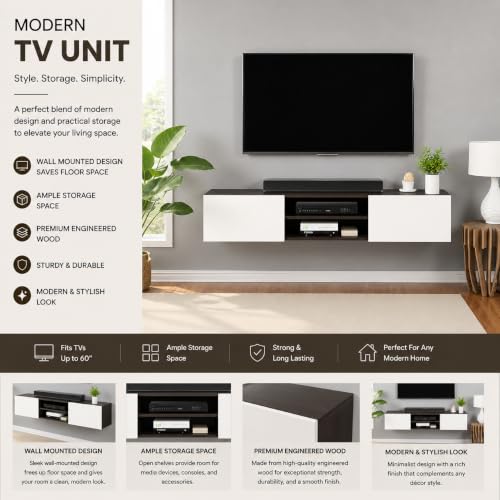 Image of FURNEASER Sasia Modern Wall Mounted TV Unit for 32 /42 /55 Inch TV | Floating Entertainment Unit with Storage | Engineered Wood TV Cabinet for Living Room | TV Stand with Doors (Wenge & White)