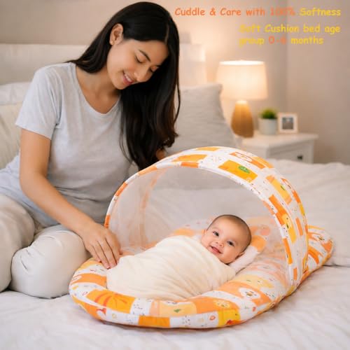 Image of Infantbond Designer Mattress with Net | Baby Sleeping Bag | Carry Bed (0-6 Months) (Orange Fox)