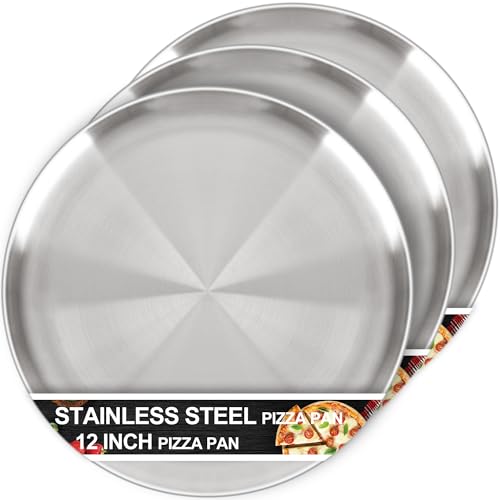 AWTBDP 12 Inch Pizza Pan Set of 3 for Oven, Non-Stick Stainless Steel Pizza Steel, Sturdy Non-Toxic Round Pizza Pans Tray for Cookie Pizza Pie Cake, Dishwasher Safe & Easy Clean