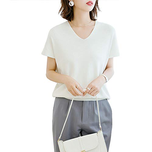 [YYIHE]Tシャツ レディース Vネック カットソー 半袖 トップス 無地 夏 ニットセーター シンプル 薄手 おしゃれ ゆったり リッチ オフィス ブラウス 着痩せる 通勤 6色 (ホワイト, M)