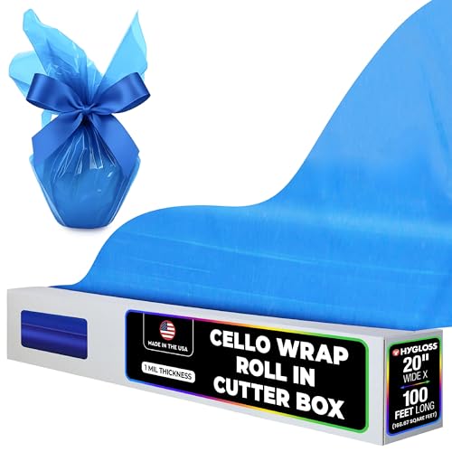 Hygloss Products Cellophane Roll – Cello Wrap in Easy Cutter Box for Crafts, Gifts, and Baskets - 20 Inches x 100 Feet - Blue