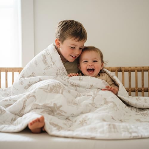 Image of MakeMake Organics Organic Baby Comforter GOTS Certified Organic Kids Blanket Cotton Infill Tufted - Reversible Ultra Soft Breathable Boys Girls (30 inchx40 inch, Safari + Solid Oat)
