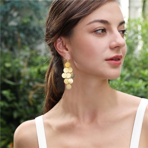 MALOYANVE Multilayer Disc Earrings for Women Fashion Long Gold Silver Plated Brushed Textured Pattern Multiple Round Circle Dangle Drop Geometric Statement Tassel Earrings Boho Jewelry4