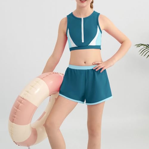 Girls Swimsuit Color Block Zipper Front 2 Piece Bathing Suit with Liner Bodyshort Sporty Girls' Swimwear 9-16T2