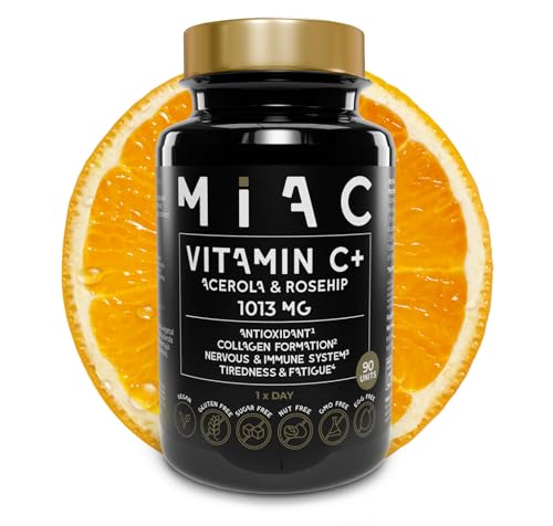 MIAC Vitamina C 1013 mg con Acerola y Escaramujo. Vitamina C Pura Antioxidante Potente. Cápsulas Veganas y Sin Gluten para Refuerzo Inmunitario. Mejora Colágeno y Reduce Fatiga. 90 Cápsulas