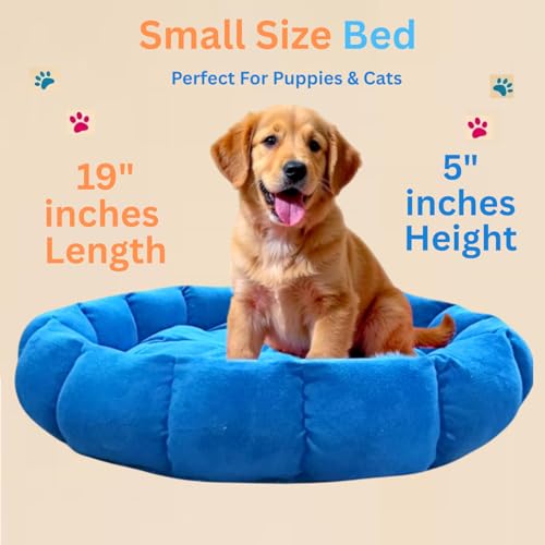 Image of Round Donut Dog Bed - Washable Plush Cushion Pet Bed with Raised Rim Support, Non-Slip & Cozy Sleeping Mat for Cats, Puppies & Small Dogs (19x19 Inch, Blue)