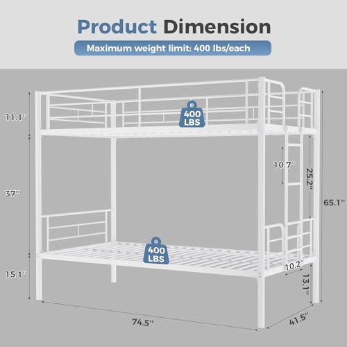 Image of DUMOS Metal Bunk Bed Frame Twin Over Twin Size with Ladder and Guardrail, Sturdy Heavy Duty Slats Support Bed, Space Saving, No Box Spring Needed, White
