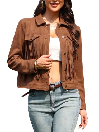 Allegra K Chaqueta de Gamuza para Mujer Sintética con Flecos Estilo Western Vintage de Manga Larga con Botones Marrón XL
