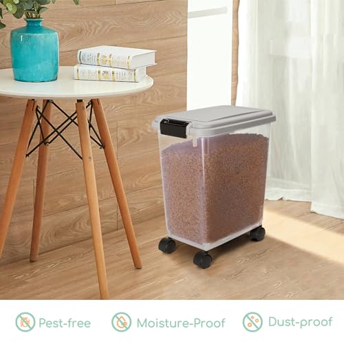 Nobleza - Futterbehälter für Haustiere, 20 L, für Haustiere, Lebensmittelbox mit Rädern, Klappdeckel, Luftdicht, Transparent, Rollen und Schaufel, für Hunde und Katzen, Grau