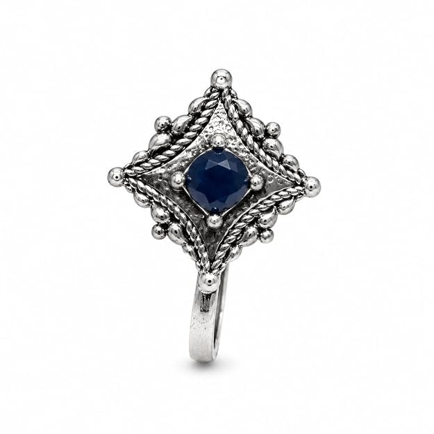 Jewellery Trendy Oxidised silver finishing Blue stone stud Square shape Flower Design Nose Pin | Ring | Without Piercing | Adjustable | Nose Ring | Nathiya|Nathani | For Festival |Navratri For womens & Girls.-image-6