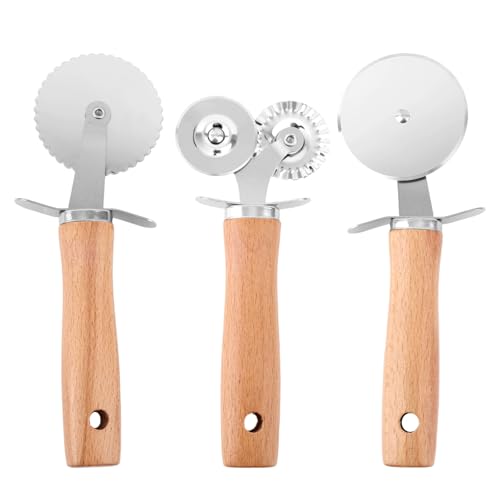 Set of 3 Double Wheel Pastry Cutters - Professional Pizza Cutter with Wooden Handle, Stainless Steel Kitchen Baking Tool for Pasta, Pizza, Dumplings, Ravioli, and Biscuits