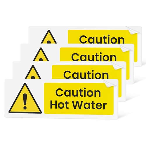 Caution Hot Water Stickers | 4 Pack | 15 x 5cm | Self Adhesive Safety Signs | Gloss Finish