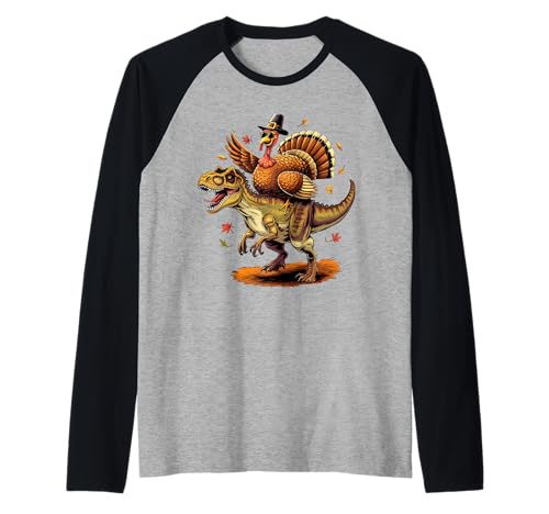 Dinosaurio Trex montando en pavo, divertido Día de Acción de Gracias para niños y hombres Camiseta Manga Raglan