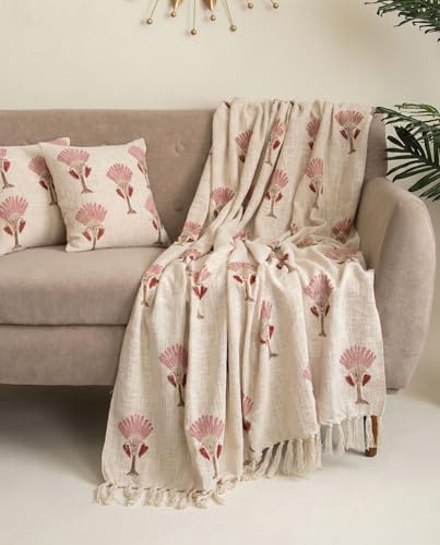Image of 100% Cotton Sofa Throw Blanket with 2 pcs Cushion Covers Lightweight Decorative Couch & Bed Throw (Pack of 3, Floral Tree Print)