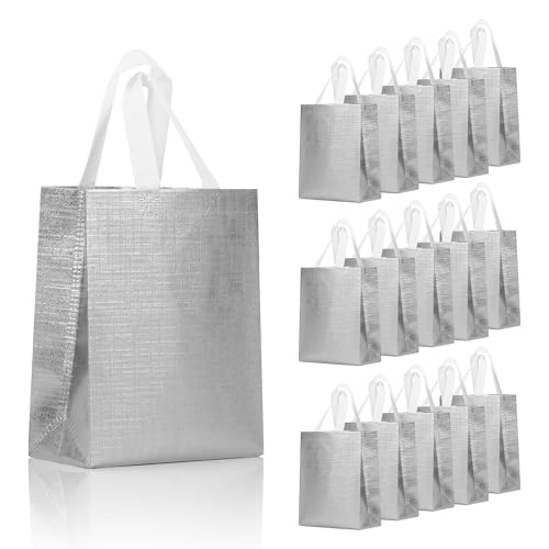 cabzymx 16 Pcs Metallic Bling Silver Gift Bags Bulk with Cardboard Bases Glossy Small Reusable Party Bags for Birthday Wedding Christmas Parties- 10.2x3.9x8.3 In