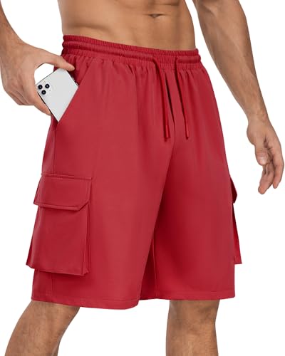 DOWMQ Men's Cargo Casual Shorts Quick Dry Lightweight Stretch Athletic Shorts for Men with 5 Pockets Outdoor Running Gym Red, 2XL