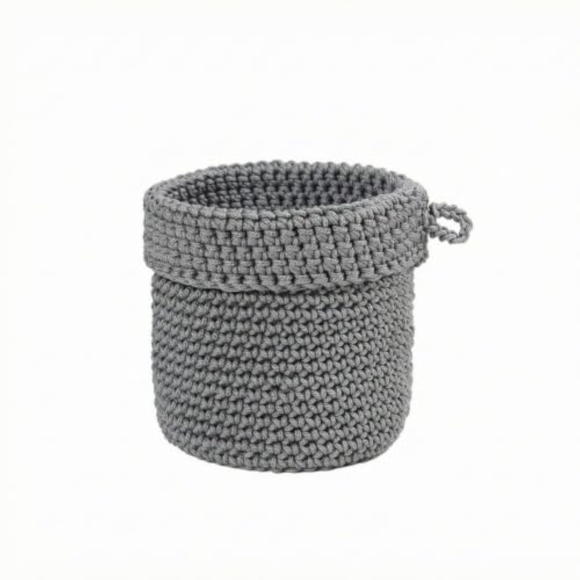 Boho Crochet Basket with Hanging Loop, Decorative Organizer, Gray, 13x14cm
