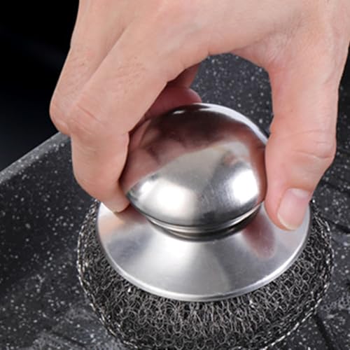 Image of Stainless Steel Wool Scrubber with Handle: 4Pcs Dish Scrubbers Steel Wool Scrubber Tool, Heavy Duty Pot Scrub Brush Pads for Scouring Cleaning Dishes Iron Pots Stoves Wash Sink Grills