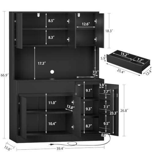 Image of TEENFON Pantry Cabinet with Charging Station and LED Light, Kitchen Pantry Cabinet with Microwave Stand, Kitchen Storage Cabinets with Adjustable Shelves and Door Shelves for Dining Room, Black