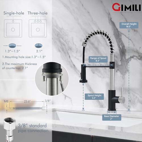 Image of GIMILI Kitchen Faucet with Pull Down Sprayer Single Hole Stainless Steel Sink Faucet, Suitable for Farmhouses, RV, Laundry Room, Outdoor, and Campers. Llave para fregadero de cocina Nickel and Black