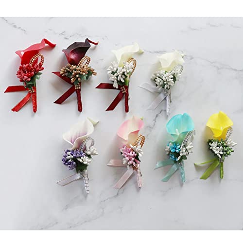 SHTGOI Calla Lily Boutonniere Artificial Bouquet Rhinestone Brooch Handmade Corsage with Safety Pin Flower Corsage Wedding Accessories for Bride Groom Sky Blue - Image 3