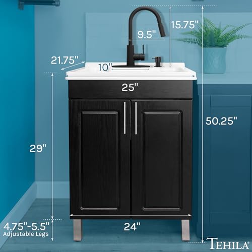 Image of JS Jackson Supplies Black Utility Sink Vanity Cabinet with White Laundry Tub, Black High-Arc Pull-Down Sprayer Faucet for Laundry Room, Mudroom, Basement