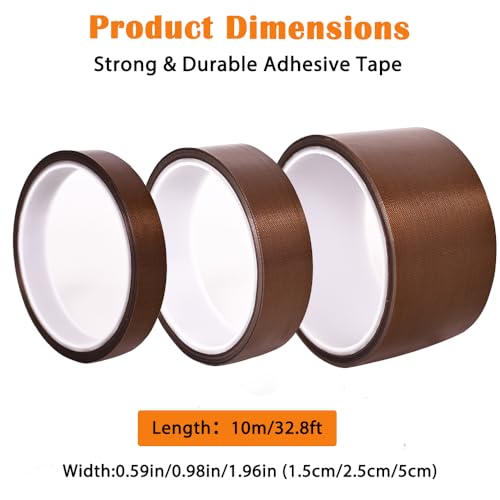 Image of High Temperature Adhesive Tape 3 Rolls Heat Resistant PTFE Fiberglass Tape 0.6in / 1in / 2in (15mm /25mm /50mm) Width, 10m /33ft Length, Brown